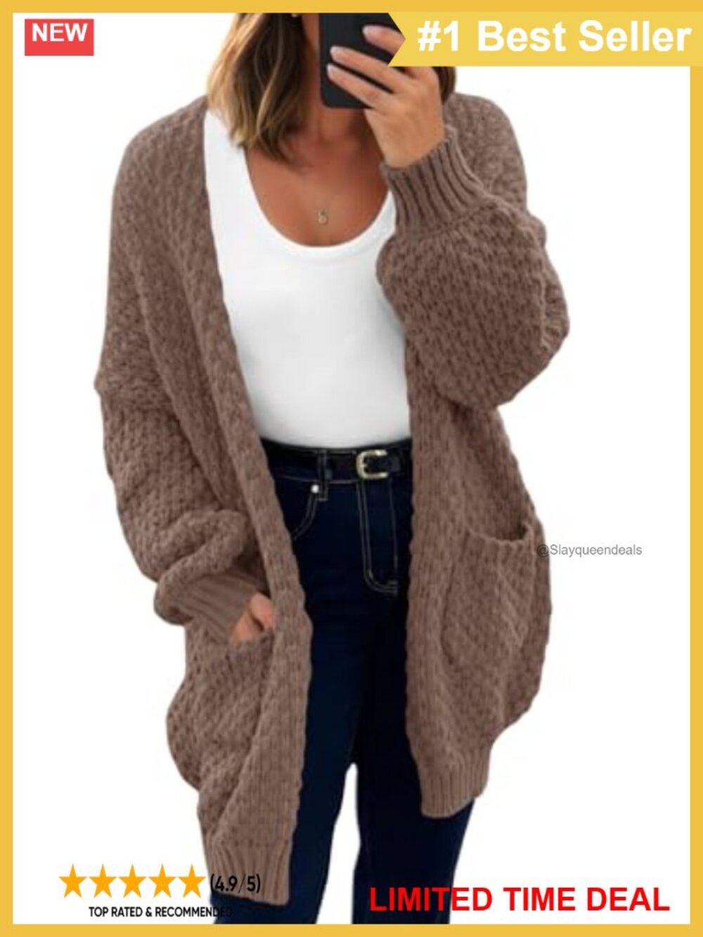 Waffle Knit Open Front Cardigan Lantern Sleeve Oversized Women's Sweater